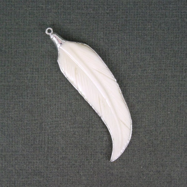 Feather Pendant Bone with electroplated silver trim - White  (S2B24-04)