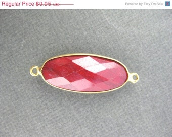 Bezels Dyed Ruby Oval Connector Pendant -26mm x 10mm Gold Over Sterling Bezel Link- Double Bail- Ruby Connector Pendant (GC-76)