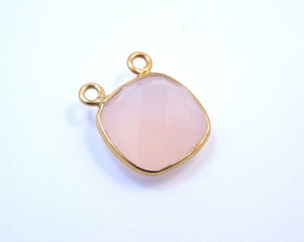 Pink Chalcedony Station Square Cushion Connector- 12mm Gold Over Sterling Bezel Link Double Bail Charm Pendant (S37B3-22)