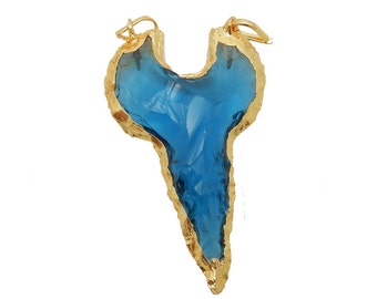 Blue Glass Shark Tooth Double Bail Pendant with Electroplated 24k GOld Edge (S99B6)