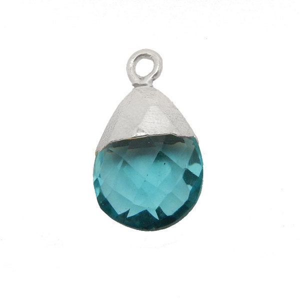 Petite Blue Topaz Gemstone Teardrop Briolette Pendant with Electroplated Silver Cap and Bail (S17B1-14) bgt