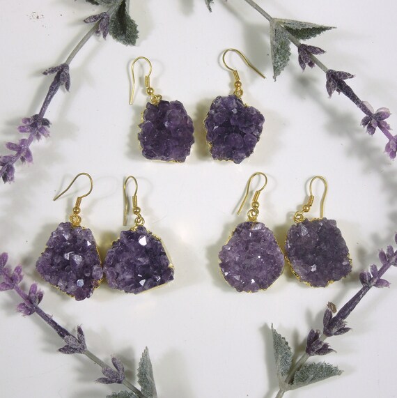 Boucles d’oreilles améthystes améthystes améthystes Druzy - plaqué or 24 carats ou argent (S56B24A) 2d9474 Boucles d’oreilles améthystes améthystes améthystes Druzy - plaqué or 24 carats ou argent (S56B24A) 2d9474