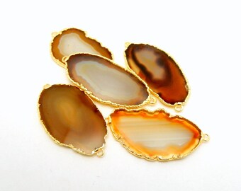 Agate Slice Petite Tan/Brown Agate Druzy Slice Connector 24k Gold Electroplated Edge (S34B11b-03)