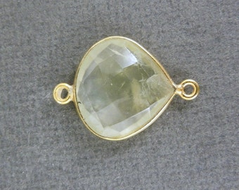 Gemstone Connector- Prehnite Drop Station Connector- 14mm Gold Vermeil Bezel Double Bail Charm Pendant (GW-14)