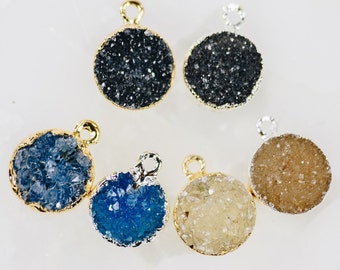 Druzy Round Pendant with 24k Electroplated Gold/Silver Edge and Bail (S82B16)
