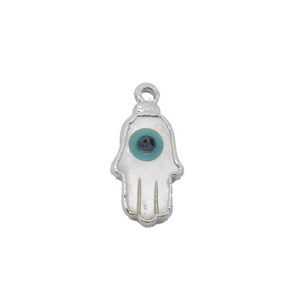 May include: A silver charm in the shape of a white hamsa hand with a blue evil eye in the center.