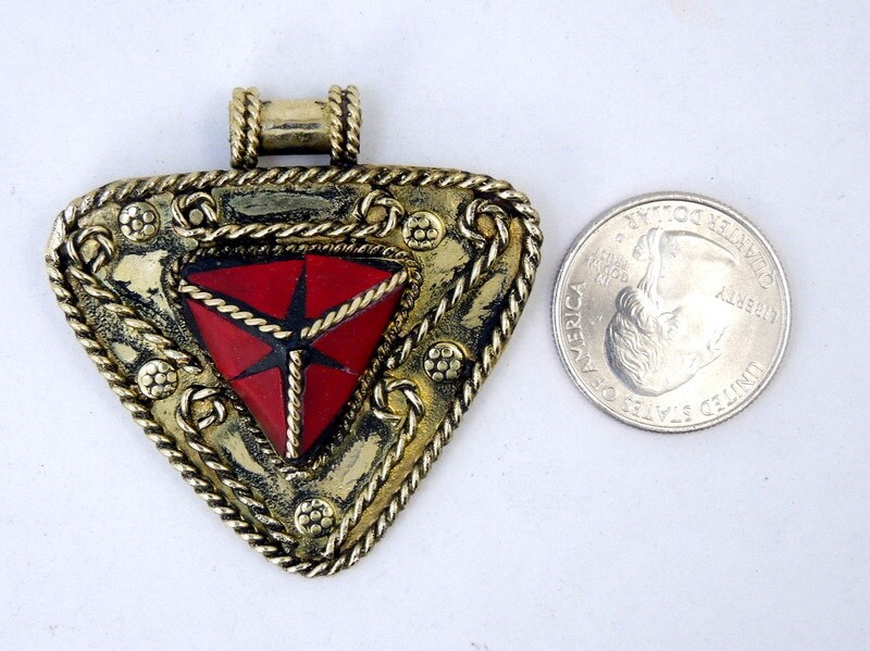 Tibetan Brass Pendant Brass Triangle Pendant With Red Coral - Etsy