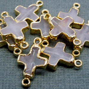 Rose Quartz Cross Double Bail Connector Pendant Charm- Rose Quartz Cross with Electroplated 24k Gold Edges and Bails (S3B7-12)