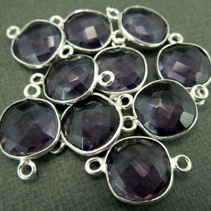 Amethyst Station Square Connector - 12mm Silver Bezel Link - Double Bail Charm Pendant (GY-12)