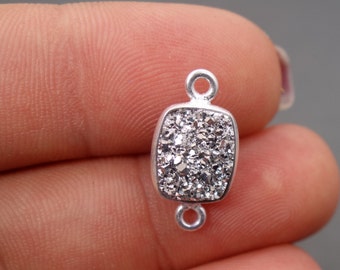 Druzy Bezel Connector Titanium treated Light Silver 10x8mm rectangle Station Charm Silver Plated (S41B10-05)