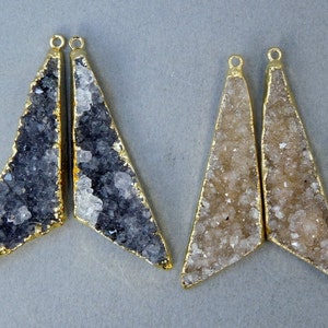 Druzy Triangle Charms Pendants pair with 24k Gold Electroplated Edges-- ONE PAIR Electroplated 24k Gold Quartz Druzy Pendants(S18B9-06)