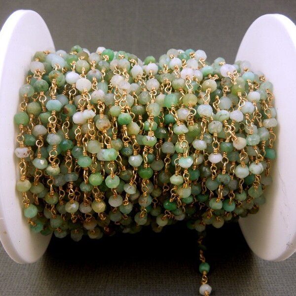 Chrysoprase Wire Wrapped Beaded Chain - Gold over Sterling Rosary Style Chain -Chain per foot CHN-325
