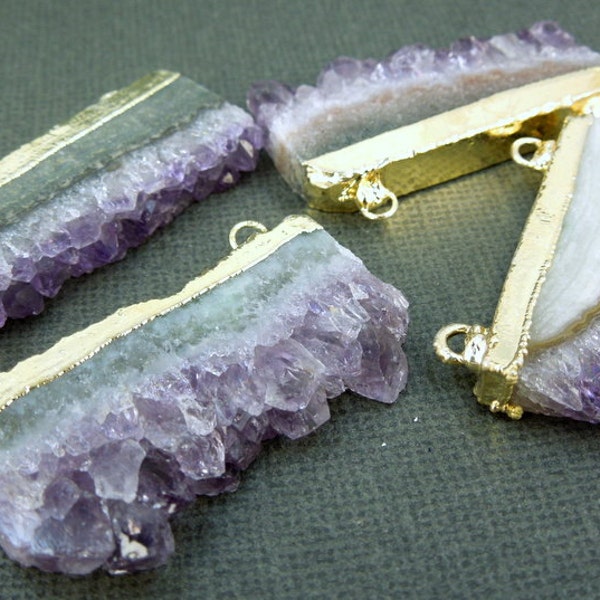 Amethyst Slice 24k gold electroplated edge double bail for necklace - Handmade Druzy amethyst - Exclusive design ASP S12B1-05