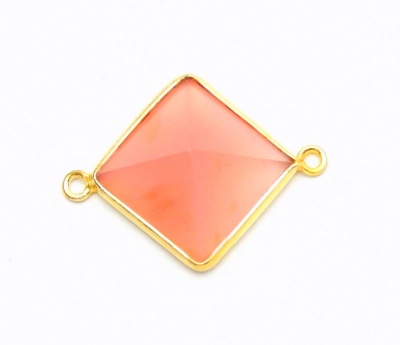 16mm Gold over sterling Bezel Link Charm Double Bail Pendant Pink Chalcedony Station Pyramid Pendant Connector S34B8-04