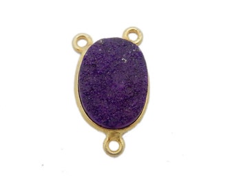 Purple Druzy Oval Triple Bail Pendant - 10mm x 14mm - Gold Plated Bezel Connector (DC-086)