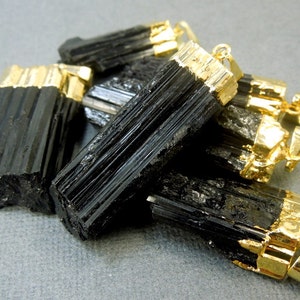 Black Tourmaline Pendant Raw Black Tourmaline Stone Rod with Gold Electroplated Cap S24B14-01 image 3