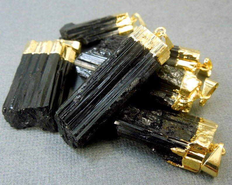 Black Tourmaline Pendant Raw Black Tourmaline Stone Rod with Gold Electroplated Cap S24B14-01 image 3