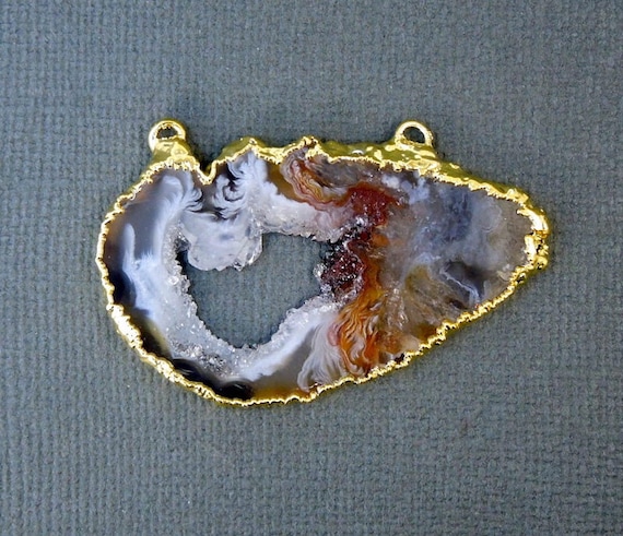 Agate Druzy Slice Pendant - Electroplated 24k Gold Edged Agate Slice Drusy Double Bail Pendant (S6B10-04)