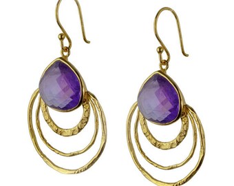 Amethyst Earrings- Gold Over Sterling Silver Sea Blue Chalcedony Briolette Drop Concentric Circle Earrings S15B3-05