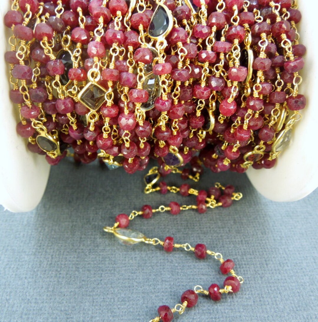 Gemstone Chain - Ruby Wire Wrapped on Gold Vermeil Chain With Assorted ...