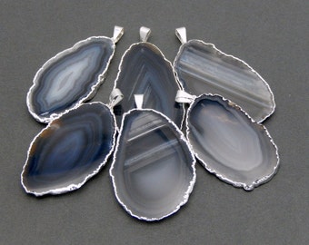 Electroplated Silver Edge Black Agate Slice Druzy Pendant