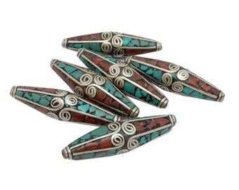 Tibetan Brass 11mm Bead with Red Coral and Turquoise Mosaic - 1 Bead (S121B9-08)