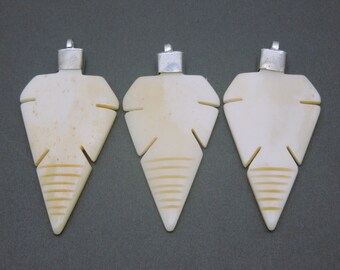 White Carved Bone Arrowhead with Silver-toned Cap and Bail - (S77B3-02)