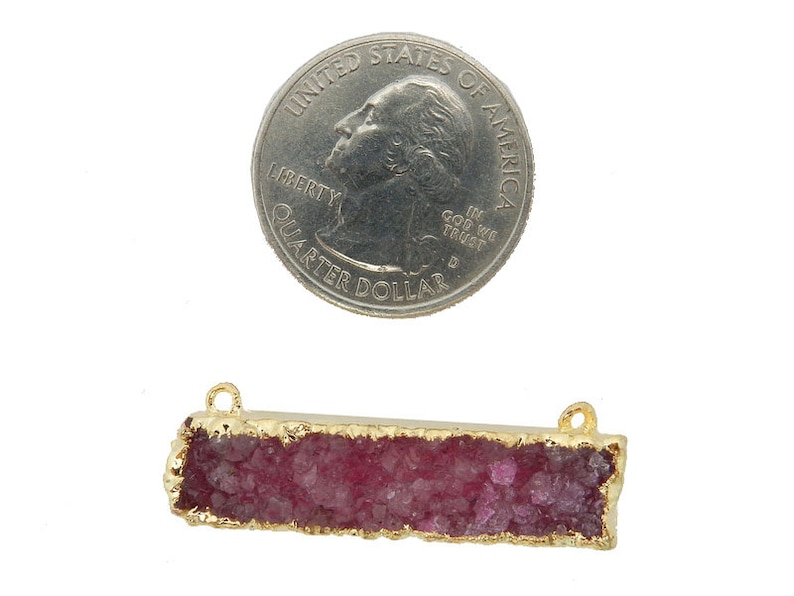 Pink Druzy Rectangle Bar Double Bail Connector Pendant with 24k Gold Electroplated Edges S94b11-07
