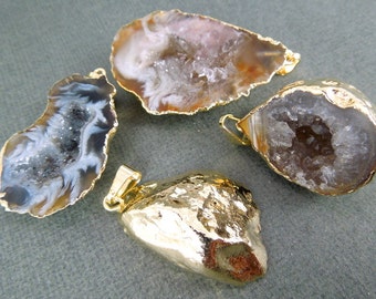 Geode Half Druzy Crystal Pendant -- Gold Electroplated Agate Geode Pendant GHP  S57B16-02