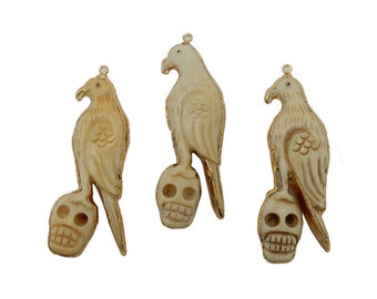 Parrot Pendant - Parrot Perched on Skull Carved White Bone Pendant with Electroplated 24k Gold Edge (S93B16-15)