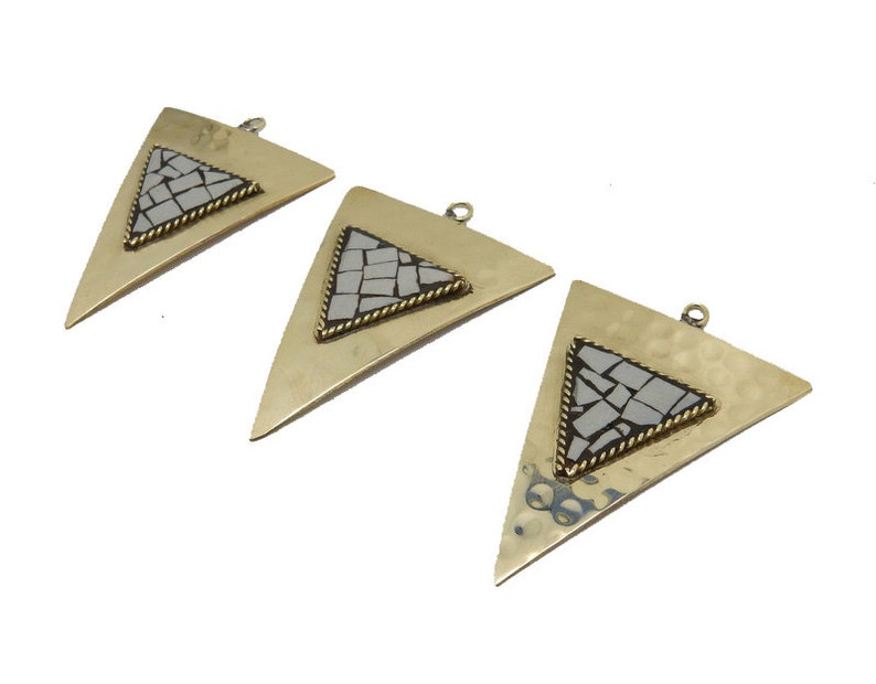 Hammered Brass Triangle Pendant with White Howlite Mosaic S52B16b-03 image 3