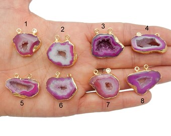 Agate Druzy Slice Freeform Pendant with Electroplated 24k gold Edge --- YoU CHooSE -  Pink Connector Pendant (Lot G-1078)