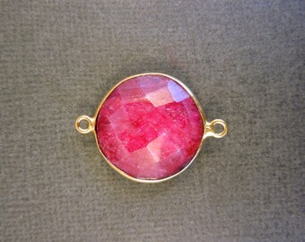 Ruby Round Station Connector- 20mm Gold Over Sterling Bezel Double Bail Pendant Link Gemstone (GB-32)