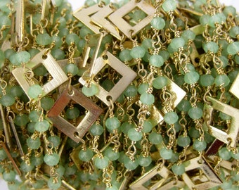 Aqua Green Chalcedony with Gold Plated Diamond Accents Wire Wrapped Beaded Chain - Gold Rosary Style Chain - PER FOOT (CHN-137)