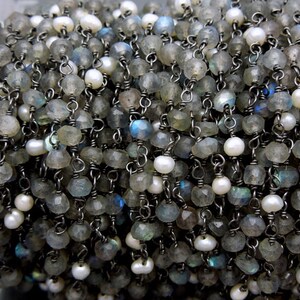 3ft - Labradorite with Pearl Sterling Silver Wire Wrapped Chain or Plated -- THREE FEET (CHN-210S)(Chn-210B)