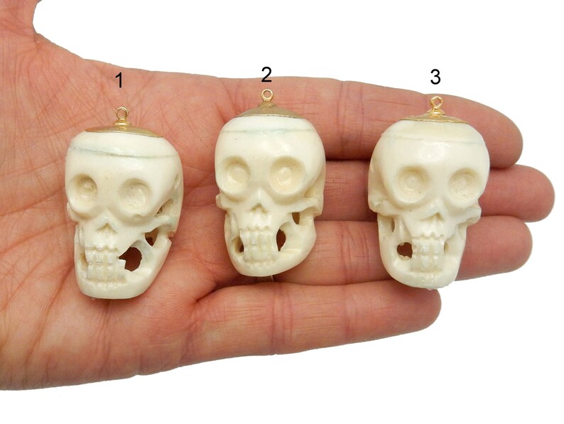 YoU CHooSE Carved Bone Skull Pendant with 24k Gold Electroplated Top and Bail S65b2-35