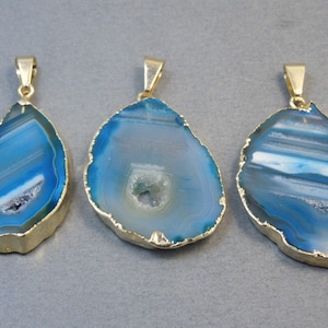 Teal and White Colorful Agate Slice with Druzy Pendant with Electroplated 24k Gold Edges DSA (S70B4-07)