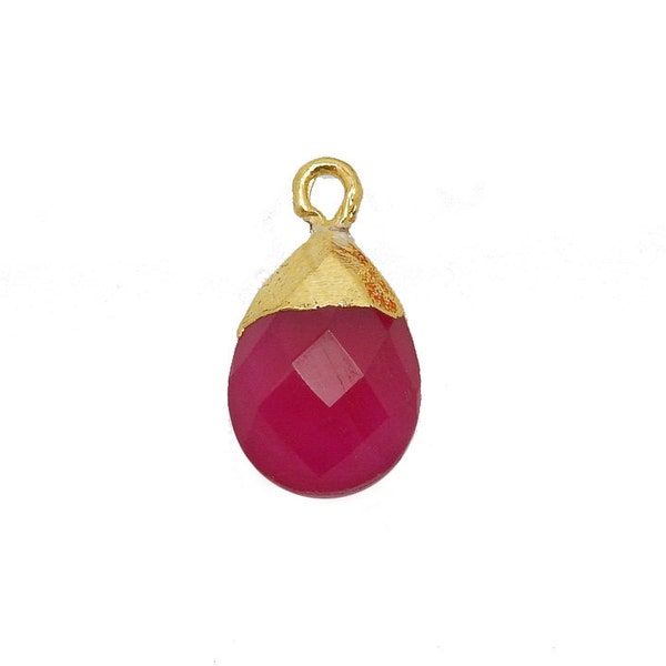 Petite Hot Pink Chalcedony Gemstone Teardrop Briolette Pendant with Electroplated 24k Gold Cap and Bail (S17B2-02) BGT