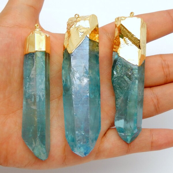 Large Aqua Aura Crystal Quartz Point Pendant with 24k Gold Electroplated Cap -- yoU cHooSE (LOT G-852)