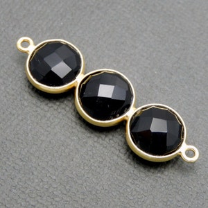 Black Onyx Triple Round Pendant Connector Three 10mm Gold Over Sterling Round Attached Bezels Double Bail Pendant S34B21-08 image 1