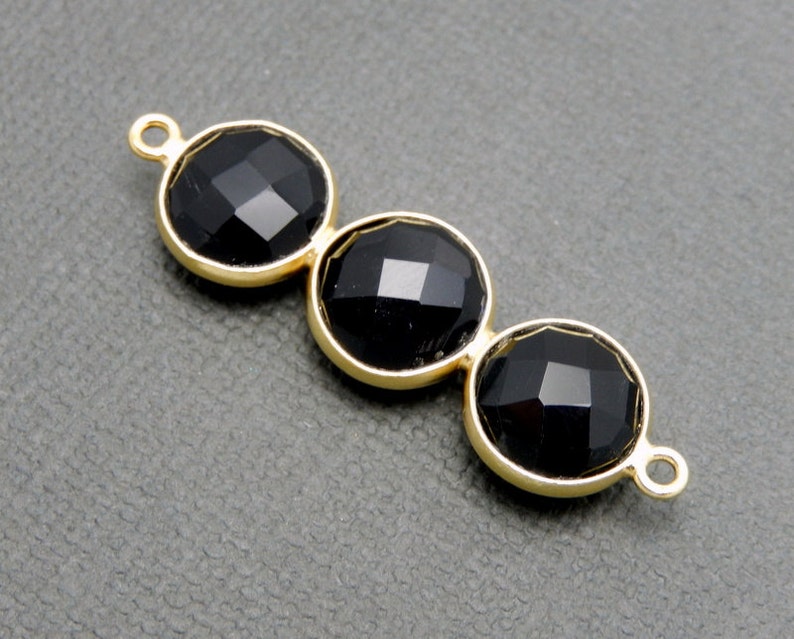 Black Onyx Triple Round Pendant Connector Three 10mm Gold Over Sterling Round Attached Bezels Double Bail Pendant S34B21-08 image 1