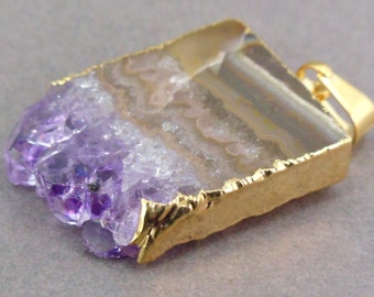 Amethyst Stalactite Slice with 24k Gold Electroplated Edge Pendant Necklace option BEST PRICING vertical version S12B1-01