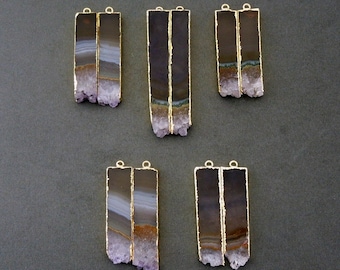 Extra Long Amethyst Slice Pairs  24k Gold Electroplated Edges- Amethyst Pendants- Matched Pairs great for Earrings-- ONE Pair ASP (S18B4-07)