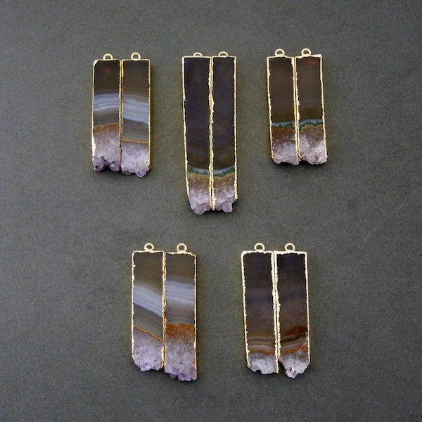 Extra Long Amethyst Slice Pairs  24k Gold Electroplated Edges- Amethyst Pendants- Matched Pairs great for Earrings-- ONE Pair ASP (S18B4-07)