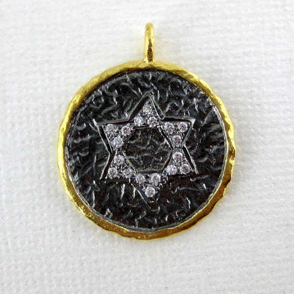 Star of David Charm Pendant- Round Black Toned Brass Jewish Star of David with CZ Pave Charm Pendant set in a Gold Bezel (S18B3-05)