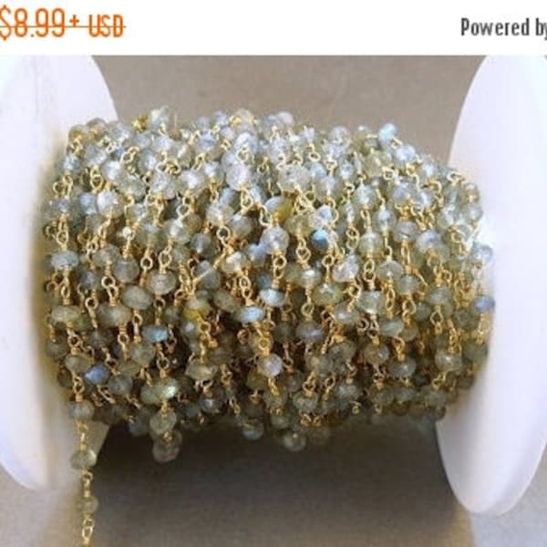 35% off Wholesale Labradorite Wire Wrapped Chain  - Labrorite with Gold over Sterling or Plated Wire Wrap PER FOOT (CHN-304S-Chn-304B)