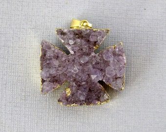 Amethyst Cluster Pattee Cross Pendant-- Druzy Druzzy Drussy Cross with 24k Gold Electroplated Edge (S11B4-01)