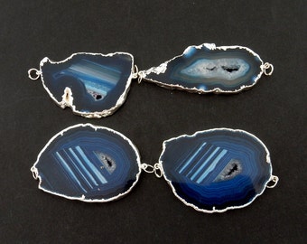 Freeform Blue Druzy Agate Slice Pendant with Electroplated Silver Edge And Double Side Bails DSA   (S83B13-01)