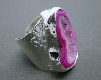 Pink Agate Slice Adjustable Silver Cigar Band Electroplated Ring  (S15B1-02)