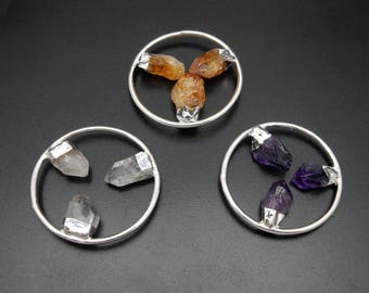 Round Pendant with Citrine, Crystal, or Amethyst Point Accent in Silver or Gold Electroplated (S96B18)